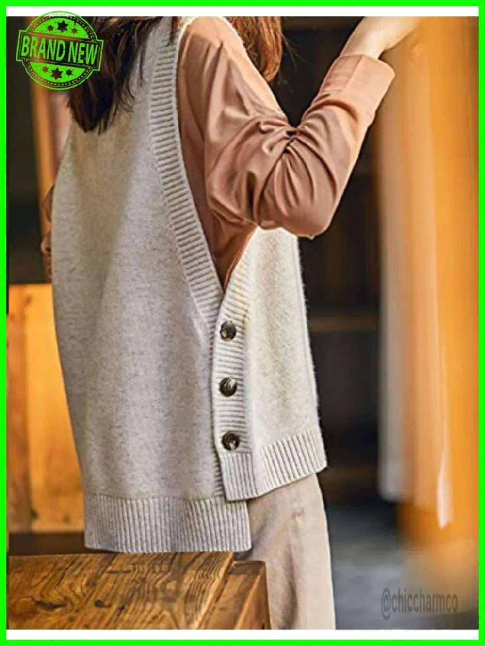 Ribbed Knit Sleeveless Sweater Vest with Button Details